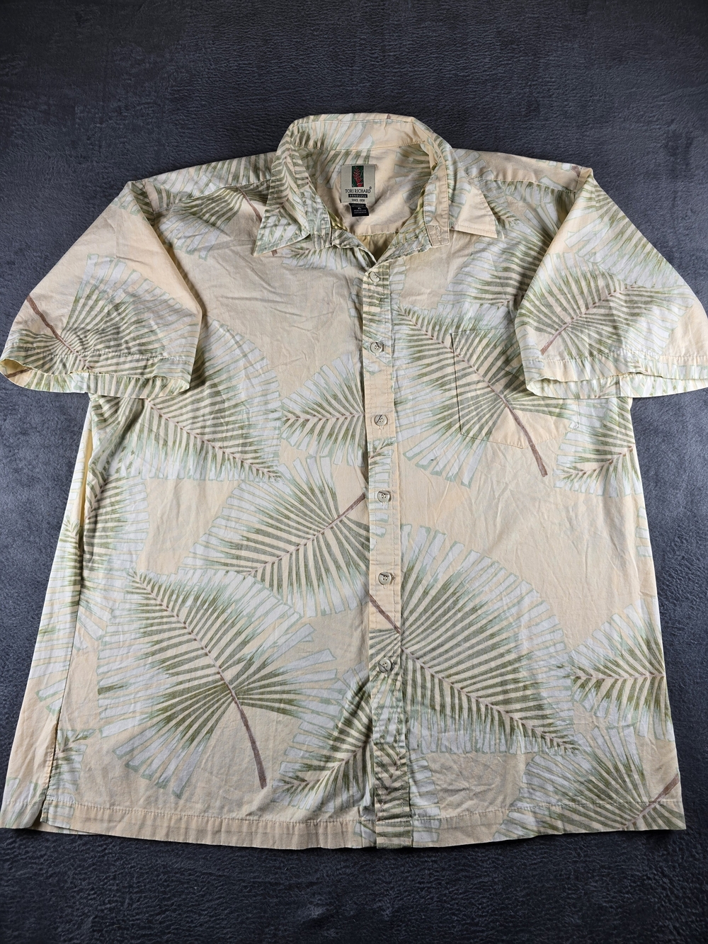Tori Richard Shirt XL 100% Cotton Palm Leaf Frond Hawaiian Resort Cream 25x30